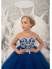 Silver Lace Royal Blue Tulle Sheer Back Foor Length Flower Girl Dress